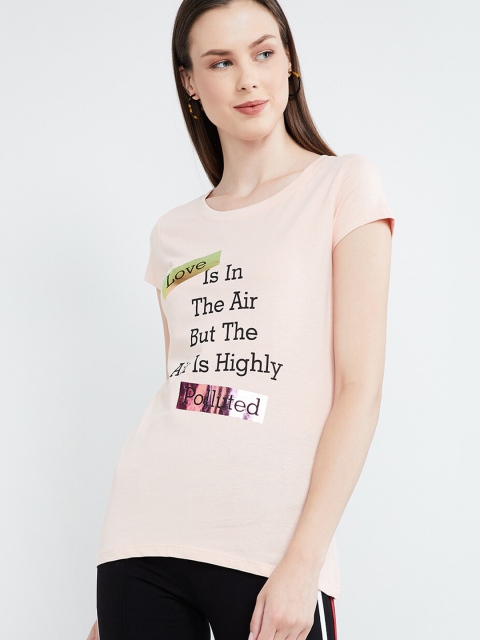 

max Women Pink Printed Round Neck Pure Cotton T-shirt
