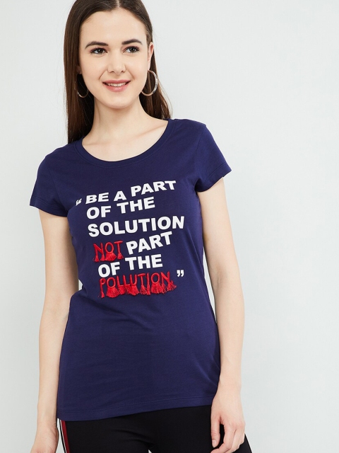 

max Women Navy Blue Printed Round Neck T-shirt