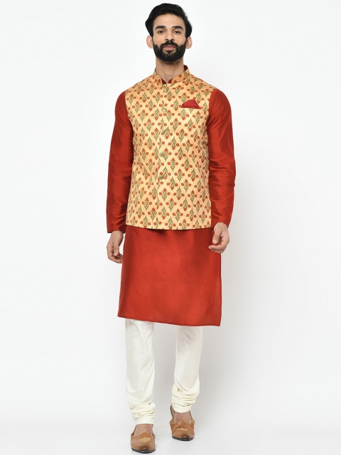 Vartah Men Rust & White Solid Kurta with Churidar & Jacket