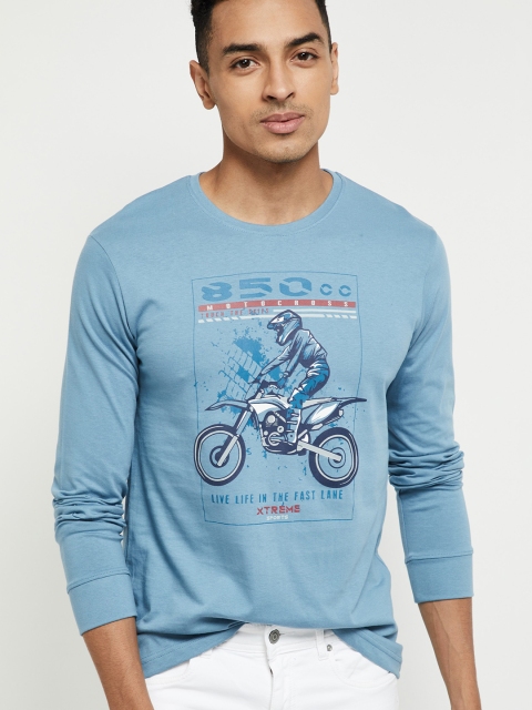 

max Men Blue Printed Round Neck T-shirt