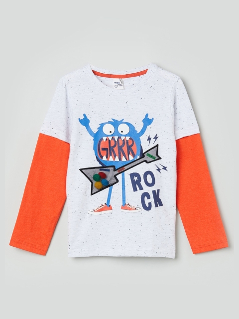

max Boys White Printed Round Neck Cotton T-shirt