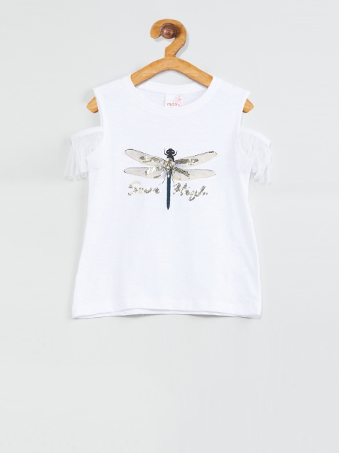 

max Girls White Printed Round Neck T-shirt