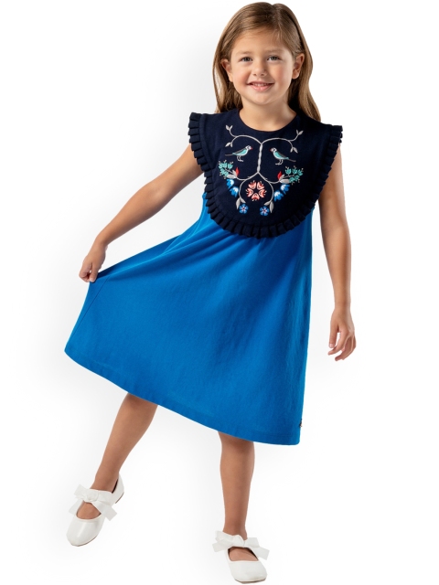 

Cherry Crumble Girls Blue Embroidered A-Line Dress