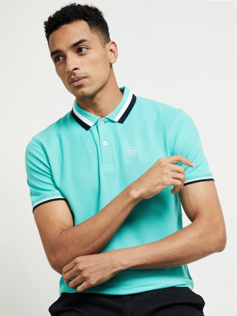 

max Men Turquoise Blue Solid Polo Collar T-shirt
