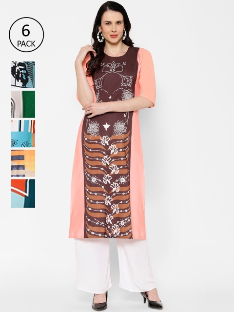 

7Threads Women Set Of 6 Multicoloured Printed Straight Kurta, Multi