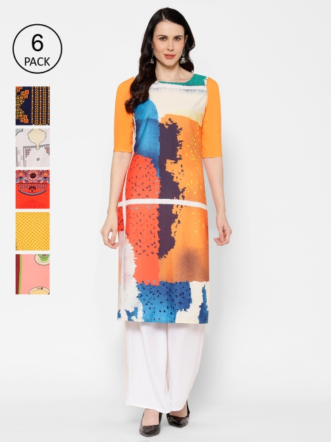 7Threads Women Pack of 6 Multicoloured Printed Straight Kurtas, Multi