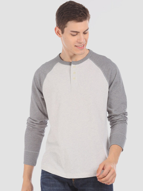 

GAP Men Off White & Grey Long Sleeve Marled Henley T-Shirt