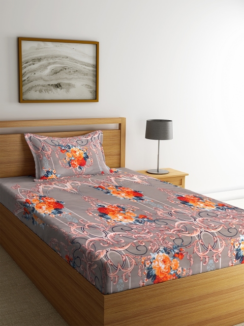 

NEUDIS Grey & Orange Floral 180 TC Polycotton 1 Single Bedsheet with 1 Pillow Cover