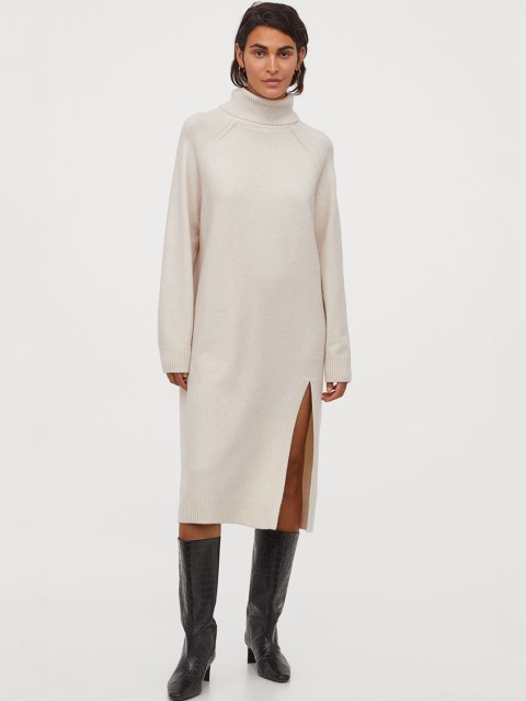 

H&M Women Beige Solid Knitted Polo-Neck Dress