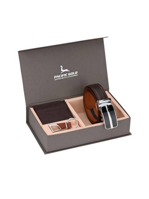 

Pacific Gold Men Brown & Silver-Toned Genuine Leather Accessory Gift Set