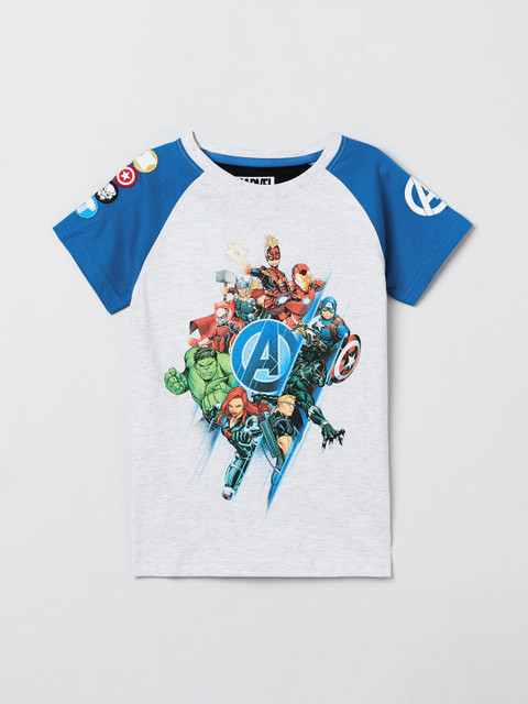 

max Boys Grey Melange & Blue Avengers Print Round Neck T-shirt