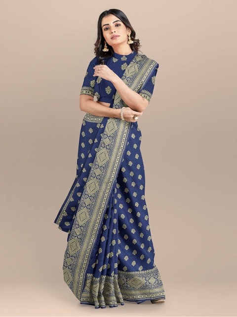 

BharatSthali Navy Blue & Gold-Coloured Banarasi Woven Design Handloom Saree