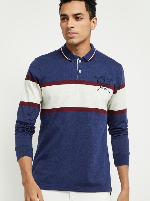 

max Men Blue & White Colourblocked Polo Collar T-shirt