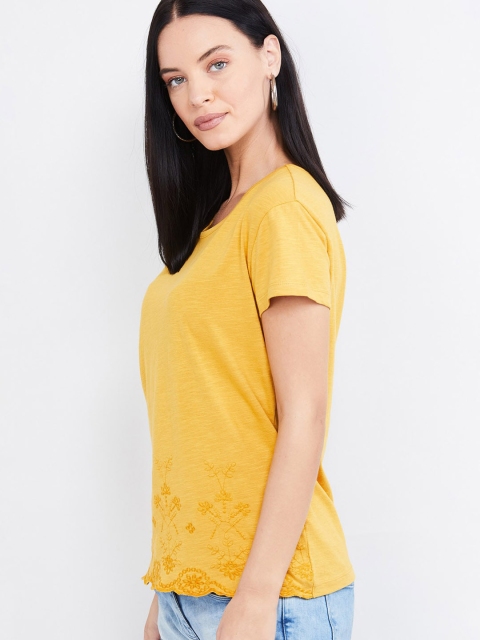 max Women Yellow Solid Pure Cotton Top