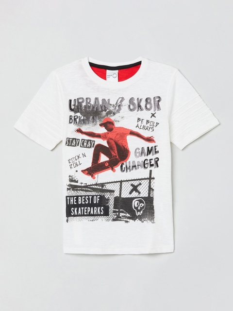 

max Boys White Printed Round Neck T-shirt