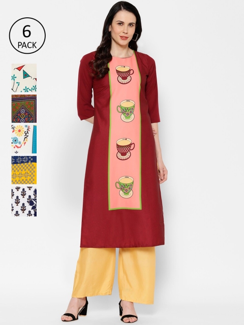 

7Threads Women Pack of 6 Multicoloured Printed Straight Kurtas, Multi
