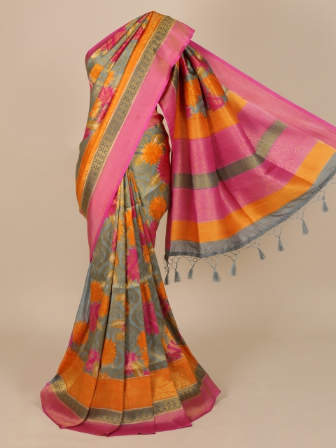 

Pothys Grey & Orange Jute Silk Printed Saree