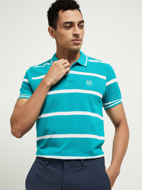 

max Men Green Striped Polo Collar T-shirt