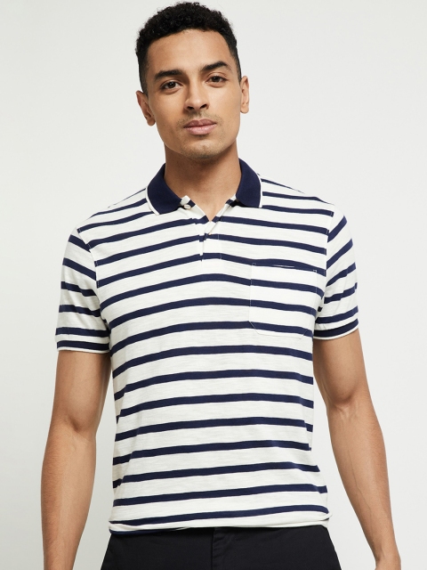 

max Men White Striped Polo Collar T-shirt
