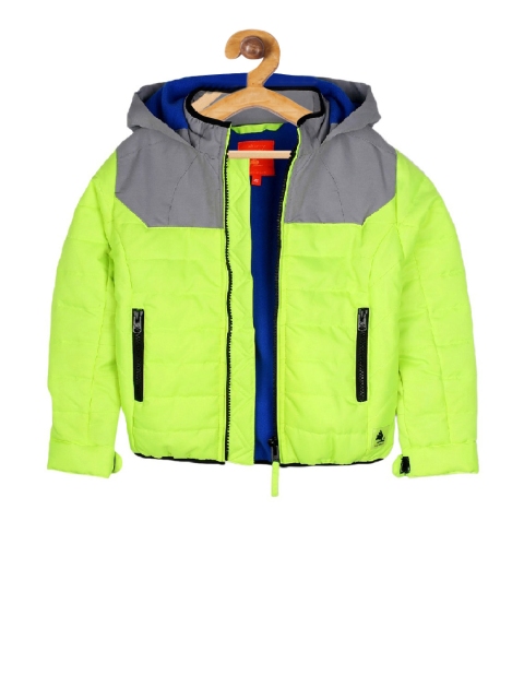 

Cherry Crumble Boys Fluorescent Green & Grey Colourblocked Hooded Padded Jacket