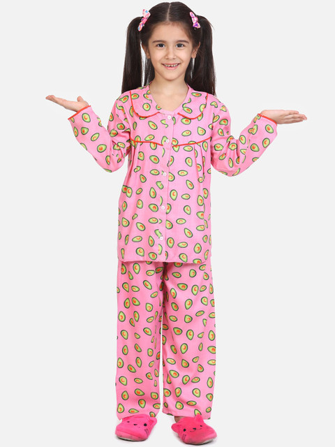 

BownBee Girls Pink & Green Printed Night Suit