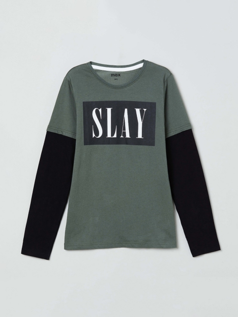 

max Boys Olive Green Solid Round Neck T-shirt