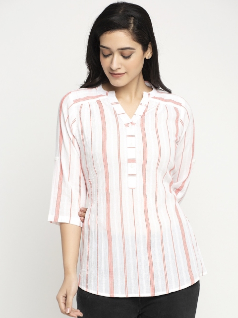 

Ayaany Women White & Pink Striped Shirt Style Top