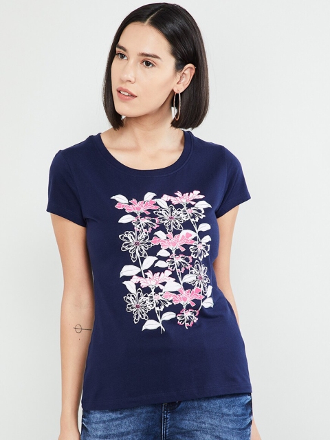 

max Women Navy Blue Printed Round Neck T-shirt