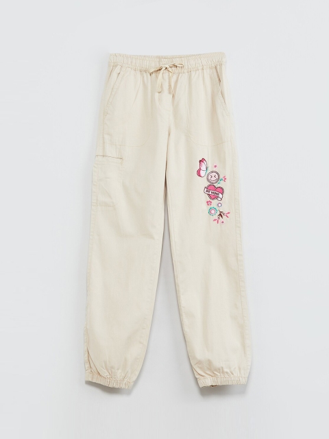 max Girls Beige Embroidered Joggers