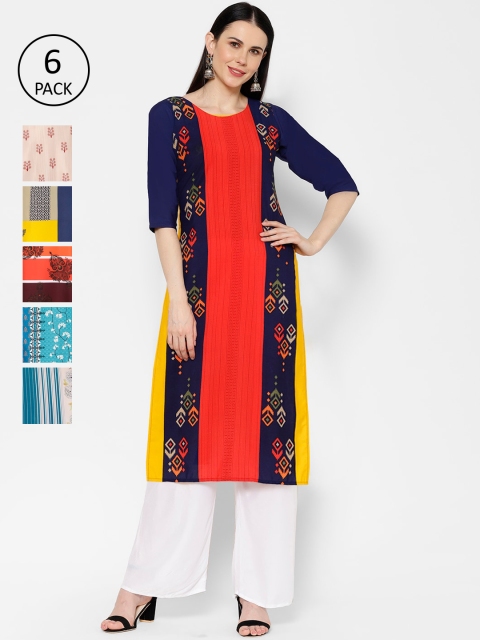 

7Threads Women Set Of 6 Multicoloured Printed Straight Kurta, Multi