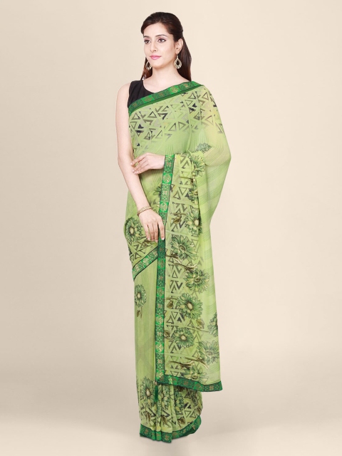 CLAI WORLD Green Printed Pure Chiffon Saree