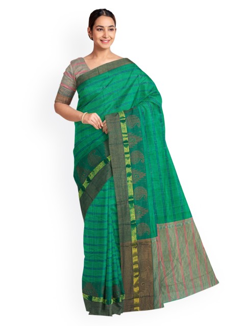 

KLM Fashion Mall Green Striped Linen Blend Saree