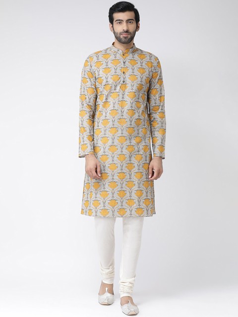 

Vartah Men Grey & Yellow Woven Design Kurta with Churidar