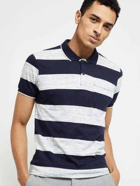 

max Men Blue Striped Polo Collar Cotton T-shirt