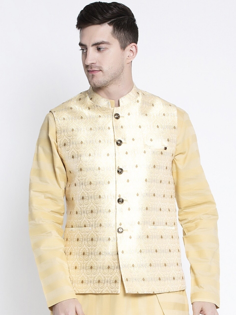 

MAXENCE Men Cream Woven Design Pure Cotton Nehru Jacket