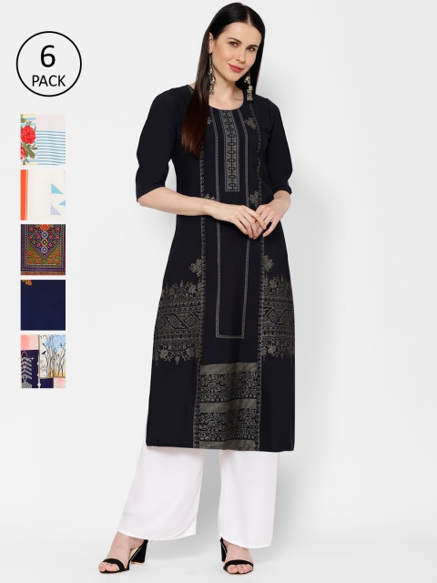 

7Threads Women Pack of 6 Multicoloured Printed Straight Kurtas, Multi