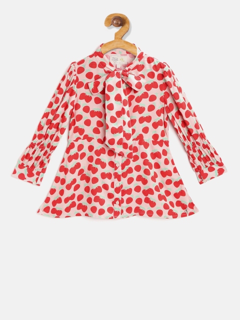 

Cherry Crumble Girls Peach-Coloured & Orange Polka Dot Printed Peplum Top