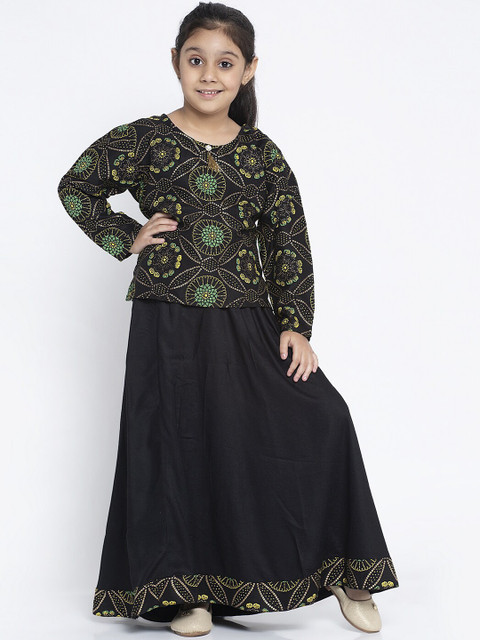 

Baani Creations Girls Black & Yellow Printed Ready To Wear Lehenga Choli
