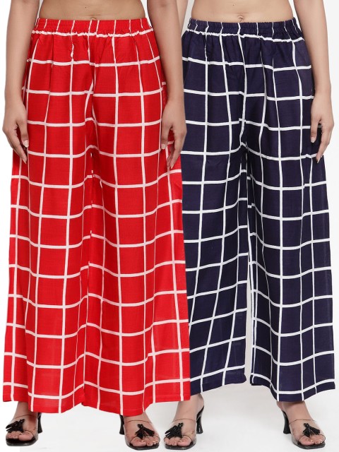 

NEUDIS Women Pack Of 2 Red & Navy Blue Checked Wide Leg Palazzos