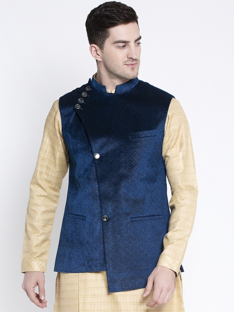 

MAXENCE Men Navy Blue Woven Design Slim Fit Velvet Finish Pure Cotton Nehru Jacket
