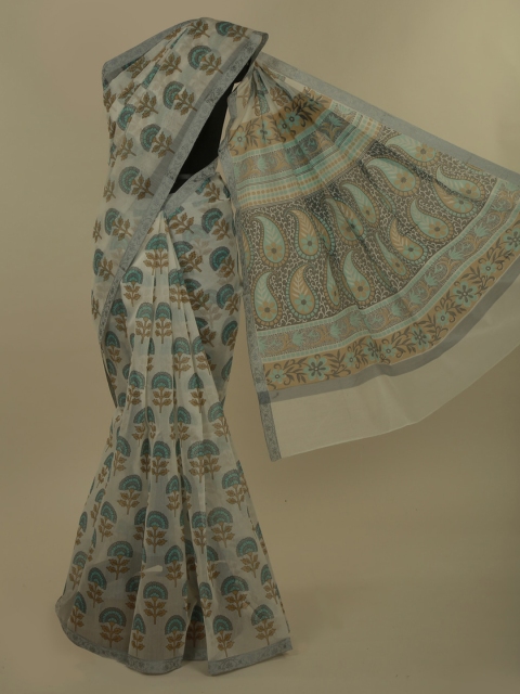 

Pothys Off-White & Green Supernet Printed Saree
