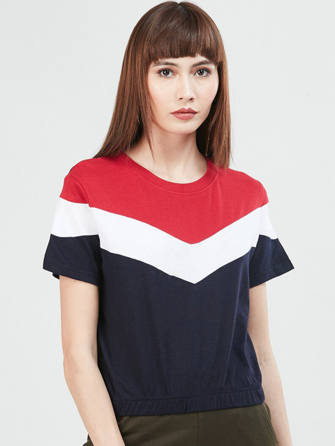

max Women Navy Blue & White Colourblocked Top