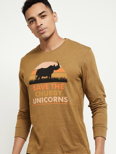 

max Men Brown Printed V-Neck T-shirt