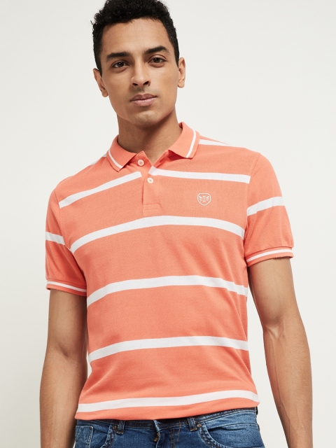 

max Men Orange & White Striped Polo Collar T-shirt