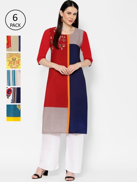 

7Threads Women Pack of 6 Multicoloured Printed Straight Kurtas, Multi