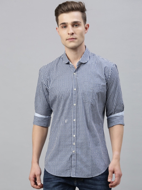 

RARE RABBIT Men Navy Blue & White Tailored Fit Checked Casual Shirt