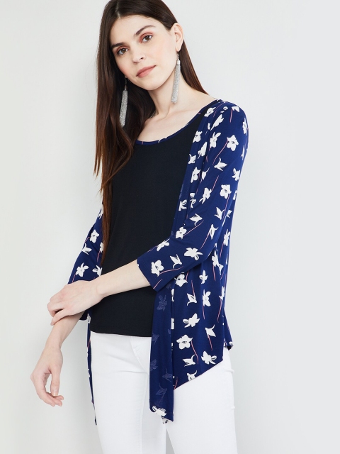

max Women Navy-Blue & White Printed Open Front Regular Shrug