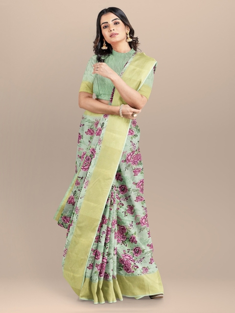 

BharatSthali Green & Pink Floral Printed Handloom Saree