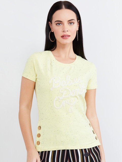 

max Women Yellow Self Design Round Neck T-shirt
