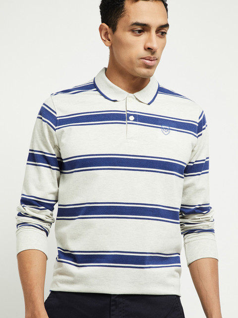 

max Men White Striped Polo Collar T-shirt